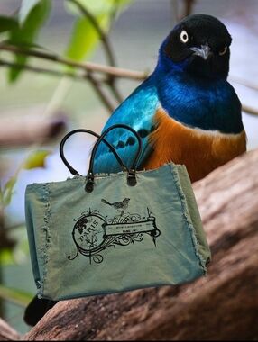 Vintage Addiction Frayed teal Canvas Tote with black Printed bird & Paris Logo